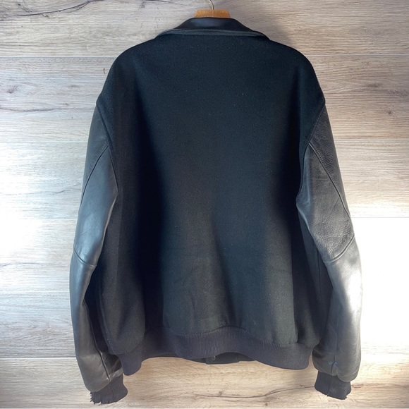 Vintage 90s Black 100% Leather & Wool Letterman Jacket Made in USA Mens XL Long - Picture 11 of 16
